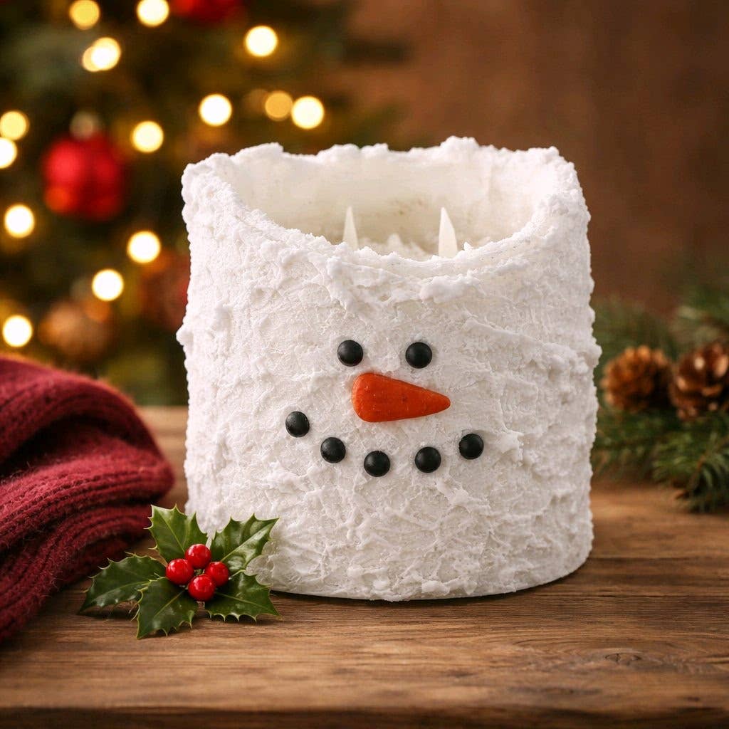 Snowman Bumpy White Moving Flame LED Candle 6in by 6in