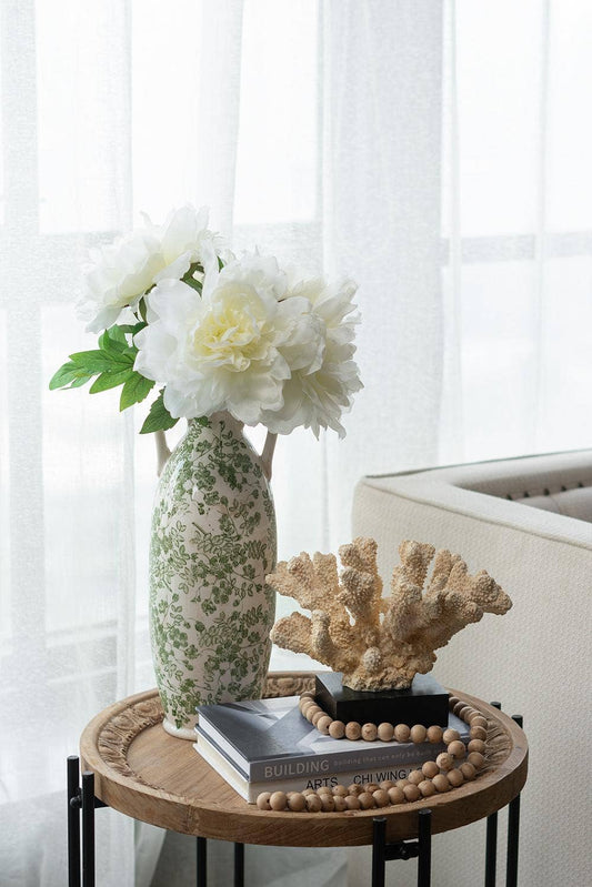 6x15.5" White Ceramic Flower Vase w/ Green Floral & Handles