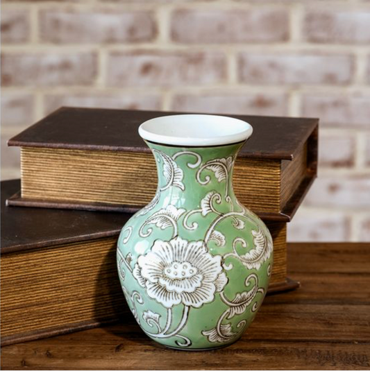 6" GREEN FLORAL VASE