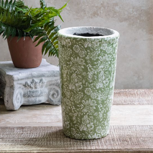 10" GREEN FLORAL PATTERN CERAMIC VASE