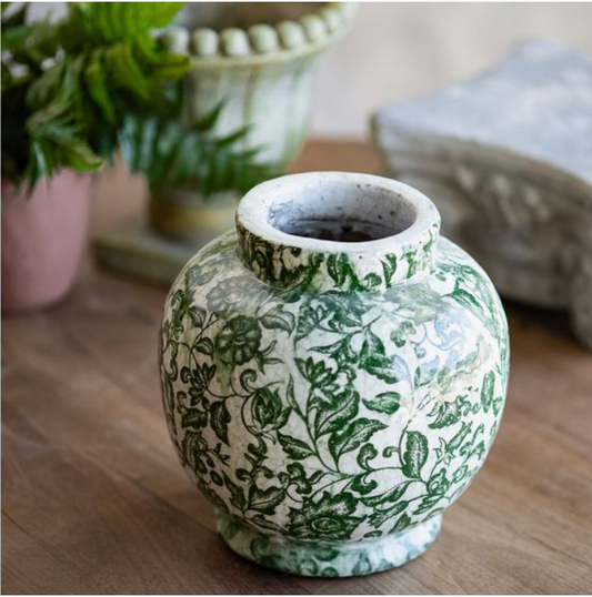 7" DK. GREEN FLORAL VASE