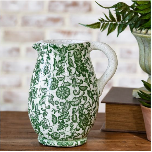 8" DK. GREEN FLORAL PITCHER