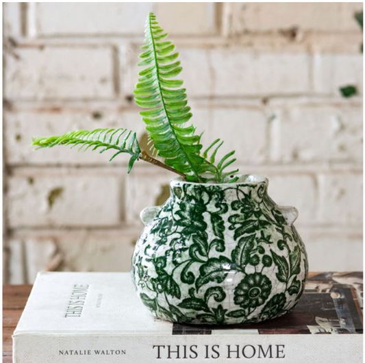 4" ROUND GREEN FLORAL SQUAT VASE