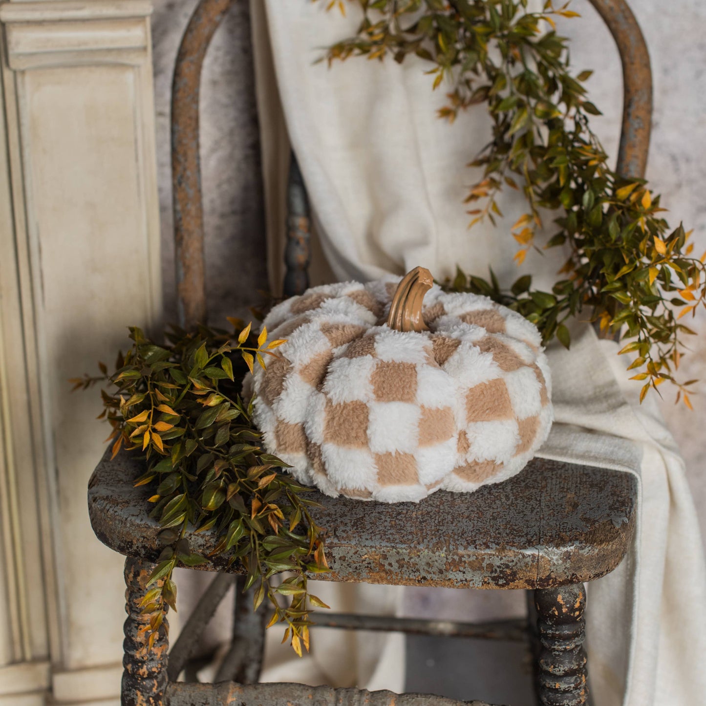 6.5" BROWN & CREAM CHECK FABRIC PUMPKIN