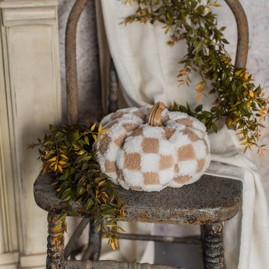 6.5" BROWN & CREAM CHECK FABRIC PUMPKIN