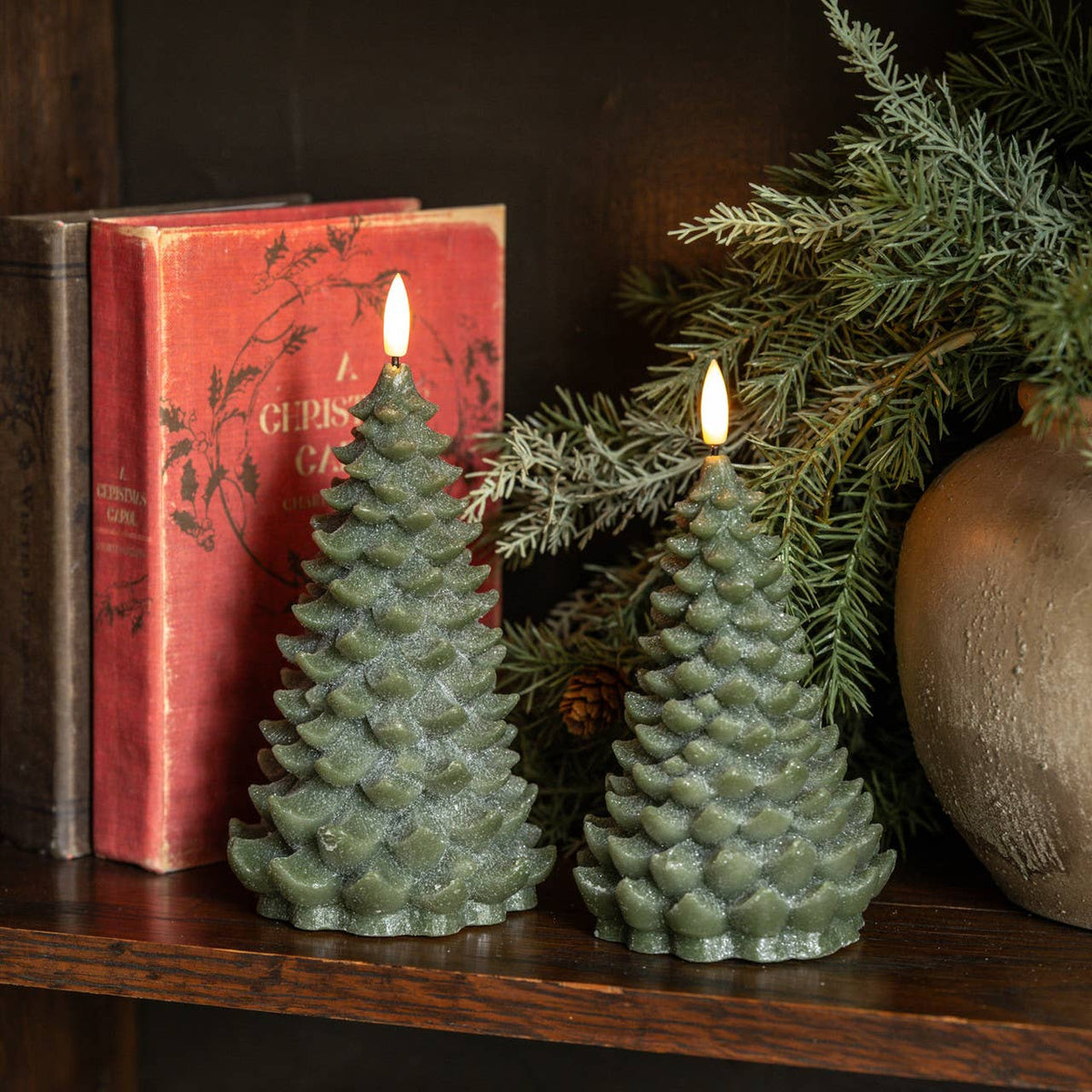 8" GREEN SHIMMER 3D FLAME BALSAM TREE CANDLE